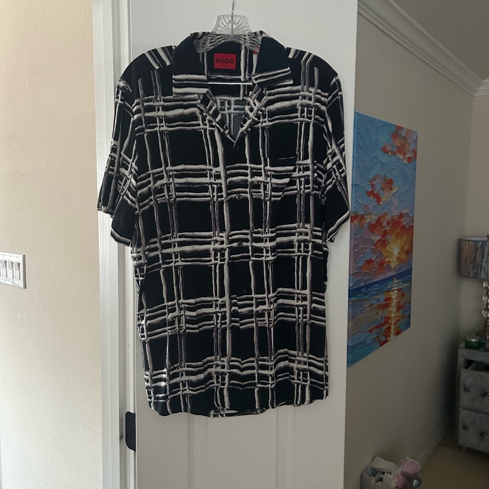 HUGO Men's Black and White Checkered Shirt